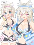  2girls :3 absurdres animal_ear_fluff animal_ears bandaid bandaid_hair_ornament belt black_bra black_swim_trunks blue_bra blue_eyes blue_hair blue_hairband bra bracelet breasts breasts_apart brooch cleavage collarbone commentary_request cowboy_shot crossed_bangs dog_ears dog_girl double-parted_bangs english_text fake_horns fang flyer food fruit fuwawa_abyssgard grey_hair hair_between_eyes hair_intakes hair_ornament hairband hairclip halterneck hammer highres holding holding_hammer hololive hololive_english hololive_summer_2023_swimsuit homapatti horn_hairband horns incoming_flyer jewelry large_breasts long_hair looking_at_viewer medium_breasts midriff mococo_abyssgard multiple_bracelets multiple_girls multiple_hairclips navel official_alternate_costume open_mouth pink_bra pink_eyes pink_hair pink_hairband short_hair simple_background single_hair_streak skin_fang smile sparkle speech_bubble striped_bra striped_clothes underwear virtual_youtuber watermelon watermelon_slice white_background white_belt white_bra white_trim 