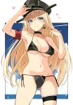  1girl armband bikini bismarck_(kancolle) bismarck_kai_(kancolle) black_bikini blonde_hair blue_eyes breasts commentary_request earrings grey_bikini hat highres jewelry kantai_collection large_breasts long_hair looking_at_viewer multicolored_bikini navel ohta_yuichi peaked_cap red_armband smile solo stomach swimsuit thigh_strap thighs two-tone_bikini very_long_hair 