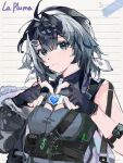  1girl ahoge arknights bare_shoulders black_eyes black_gloves black_hair black_jacket breasts character_name commentary_request feather_hair fingerless_gloves frown fur-trimmed_jacket fur_trim gloves grey_shirt hair_intakes heart heart_hands highres jacket la_pluma_(arknights) long_hair looking_at_viewer off_shoulder paper_background shirt short_hair simple_background sleeveless sleeveless_shirt small_breasts solo upper_body white_background yuyan_yu_yan 