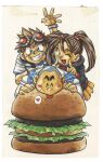  1990s_(style) 1girl 2boys ^_^ arm_up bandaid bandaid_on_face bandaid_on_nose black_hoodie blue_eyes blue_overalls blush_stickers brown_hair burger buzz_cut closed_eyes food frilled_skirt frills furusawa_jun'ya goggles goggles_on_head gonta_(mcdonald_tanteidan) green_eyes grey_hair hair_bobbles hair_ornament heart highres hood hood_down hoodie index_finger_raised kanna_(mcdonald_tanteidan) licking licking_food long_hair marker_(medium) mcdonald's mcdonald_tanteidan multiple_boys official_art one_eye_closed open_hand orange_skirt overalls oversized_food oversized_object pointing pointing_at_self retro_artstyle shirt short_hair shou_(mcdonald_tanteidan) side_ponytail simple_background skirt speech_bubble spoken_heart standing third-party_source tongue tongue_out traditional_media very_short_hair white_background white_shirt wristband 