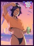  1girl abs absurdres arm_up artist_name bikini bikini_top_peek bikini_top_under_shirt bikini_under_clothes black_bikini bleach breasts can collarbone commentary copyright_logo copyright_name cover_bikini_girl_(gta_vi)_(pose) crop_top crop_top_overhang cropped_shirt dark-skinned_female dark_skin drink_can english_commentary eyewear_lift eyewear_on_head grand_theft_auto grand_theft_auto_vi highleg highleg_bikini highres holding holding_can large_breasts logo long_hair looking_at_viewer navel o-ring_bikini_bottom orange_shirt parted_bangs parted_lips ponytail pose_imitation purple_hair shihouin_yoruichi shirt side-tie_bikini_bottom solo stayaliveplz stomach sunglasses swimsuit toned toned_female yellow_eyes 