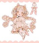  1girl absurdly_long_hair blonde_hair blush border bow braid cake collared_dress commentary curly_bangs deformed dress dress_bow dress_flower english_commentary falling_petals floating floating_hair flower flower-trimmed_dress food food-themed_hair_ornament gem hair_flower hair_ornament hairband highres littlebluemuffin long_hair long_sleeves open_mouth original pearl pearl_hair_ornament petals pink_border pink_bow pink_flower pink_shoes puffy_sleeves shoes smile thighhighs twin_braids very_long_hair watermark white_background white_dress white_thighhighs yellow_eyes yellow_flower 