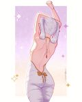  1girl absurdres arms_up ass back back_focus backless_bodysuit backless_outfit bare_back bare_shoulders bluesky_logo bodysuit border commentary cowboy_shot cross-body_stretch earrings elf english_commentary frieren from_behind grey_hair highres instagram_logo jewelry median_furrow petite pointy_ears senity shoulder_blades solo sousou_no_frieren stretching teardrop_earrings twintails twitter_username twitter_x_logo white_bodysuit white_border 