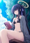  1girl absurdres bags_under_eyes bikini black_bikini black_hair blue_archive blue_sky book breasts brown_halo cardigan cloud commentary_request grey_cardigan hairband halo highres jewelry long_hair matsuuni necklace o-ring o-ring_bikini o-ring_bottom o-ring_top official_alternate_costume ponytail purple_eyes purple_hairband sitting sky small_breasts solo swimsuit ui_(blue_archive) ui_(swimsuit)_(blue_archive) 