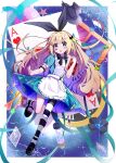  1girl 3kb_lili absurdres alice's_adventures_in_wonderland alice_(alice_in_wonderland) apron blonde_hair blue_dress blue_eyes blush bow card commentary_request dress floating_card frills hair_bow hairband highres long_hair looking_at_viewer open_mouth puffy_sleeves ribbon shoes short_sleeves solo striped_clothes thighhighs 