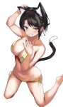  1girl absurdres animal_ear_fluff animal_ears arm_up bikini black_hair blue_nails blush breasts cat_ears cat_tail cleavage collarbone fake_nails green_eyes grin hair_ornament hairclip hand_up highres hololive kneeling large_breasts navel oozora_subaru raag_jp short_hair side-tie_bikini_bottom simple_background smile solo stomach strap_gap swimsuit tail virtual_youtuber white_background yellow_bikini 