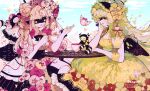  2girls angel_wings bird black_bow black_bowtie black_wings blindfold blonde_hair bow bowtie braid breasts bug butterfly cleavage cloud collared_dress cup day dress falling_petals floating_hair flower flower-trimmed_dress frilled_dress frills hair_bow hair_flower hair_ornament hair_vines hand_on_own_cheek hand_on_own_face highres holding holding_cup lace lace_blindfold lace_mask leaf littlebluemuffin long_hair medium_breasts multiple_girls original outdoors petals pink_bird pink_butterfly pink_flower pink_hair pink_petals pink_rose plant red_flower rose smile table tea_party teacup twin_braids veil very_long_hair vines watermark wings yellow_butterfly yellow_dress 