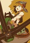  1girl aiming aiming_at_viewer alternate_skin_color aviator_cap bag ballista_(sekaiju) ballista_2_(sekaiju) blonde_hair blue_eyes brown_gloves commentary_request crossbow gloves green_bag haruyasai_(sanbunno) holding holding_crossbow holding_weapon lightened_skin looking_at_viewer midriff open_mouth sekaiju_no_meikyuu sekaiju_no_meikyuu_3 short_hair solo two-tone_background v-shaped_eyebrows weapon white_background yellow_background 