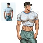  1boy alternate_costume baseball_cap black_hat blowing_bubble_gum blue_pants chewing_gum collarbone commentary cowboy_shot english_commentary eris21471224 green_hair hat highres looking_to_the_side male_focus midriff muscular muscular_male one_piece pants photo-referenced real_life_insert reference_inset roronoa_zoro scar scar_on_chest shirt short_hair short_sleeves signature simple_background solo tight_clothes tight_shirt undersized_clothes white_background 