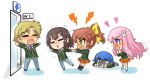  2girls 3boys =_= angry baka_to_test_to_shoukanjuu black_socks blonde_hair blue_hair blue_necktie blue_pants blush bow brown_hair camera chibi closed_eyes commentary_request constricted_pupils covered_mouth covering_own_mouth double-parted_bangs emblem everyone flustered from_side full_body fumizuki_academy_school_uniform furrowed_brow grabbing_another's_hand green_eyes green_jacket hair_bow hair_ornament hands_up high_ponytail himeji_mizuki holding holding_camera jacket kinoshita_hideyoshi kneehighs long_hair looking_at_another lying medium_hair miniskirt multiple_boys multiple_girls necktie notice_lines on_stomach open_mouth orange_skirt outstretched_arms pants parted_hair pink_hair pleated_skirt ponytail profile rabbit_hair_ornament restrained restroom_symbol school_uniform sego shimada_minami short_hair sidelocks simple_background skirt socks standing standing_on_one_leg taking_picture teamwork tearing_up trap trembling tsuchiya_kouta v-shaped_eyebrows white_background white_socks yellow_bow yellow_trim yoshii_akihisa 
