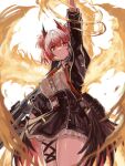  1girl arknights black_jacket black_skirt breasts bright_pupils edobox feather_trim fiammetta_(arknights) fiery_wings fire gun holding holding_gun holding_weapon jacket large_breasts necktie red_eyes red_hair shirt skirt thigh_strap thighs weapon white_background white_pupils white_shirt wings 