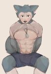  abs anthro beastars bound bulge canid canine canis dog_tags hands_tied hi_res leborkss legoshi_(beastars) male male/male mammal muscular nipples pecs solo wolf 