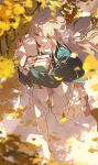  1girl absurdres bilibalakonglijiwa black_shoes blonde_hair blue_archive blue_bow blue_bowtie book bow bowtie chinese_commentary commentary_request from_above full_body hair_bow hair_ribbon highres holding holding_book leaf long_hair miyo_(blue_archive) open_mouth plaid_clothes plaid_skirt ribbon running shirt shoes skirt socks solo tree white_bow white_ribbon white_shirt white_skirt white_socks yellow_eyes 