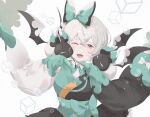  1girl :d ;d arcaea asymmetrical_sleeves ayu_(arcaea) bare_shoulders bow commentary creature crossed_bangs detached_sleeves dress grey_hair hair_between_eyes hair_bow japanese_clothes kimono kimono_dress long_sleeves noranheart one_eye_closed open_mouth short_hair sleeve_bow sleeveless sleeveless_dress sleeveless_kimono sleeves_past_fingers sleeves_past_wrists smile solo upper_body white_background yellow_eyes 