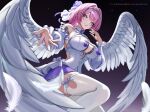  1girl breasts catpersonyeahhh commentary detached_sleeves dress falling_feathers feathered_wings feathers hair_intakes highres large_breasts looking_at_viewer medium_hair outstretched_arm pink_hair pointy_ears purple_eyes reaching reaching_towards_viewer remielle_dan smile solo thighhighs thighs untranslatable_commentary white_dress white_feathers white_thighhighs white_wings wings zenless_zone_zero 