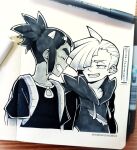  2boys art_tools_in_frame collarbone commentary cropped_torso ear_piercing english_commentary gladion_(pokemon) hair_over_one_eye hau_(pokemon) highres inktober looking_at_another male_focus multiple_boys open_mouth photo_(medium) piercing pokemon pokemon_sun_and_moon shrimposaurus smile twitter_username 