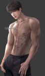  1boy abs absurdres artist_name badegg-mm biceps black_pants brown_hair caleb_(love_and_deepspace) collarbone highres looking_at_viewer love_and_deepspace male_focus muscular muscular_male navel nipples pants parted_lips purple_eyes short_hair solo topless_male upper_body veins veiny_arms 