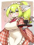  2019 3:4 anthro apron artist_name asian_clothing belly big_breasts biped black_nose blush bodily_fluids border bowl breasts canid canine character_name chubby_anthro chubby_female clothing container cyberconnect2 dated dessert drecom east_asian_clothing eyewear female fluffy food footprint fox full_bokko_heroes fur glasses green_eyes green_hair grey_body grey_fur hair ice_cream japanese_clothing japanese_text kemono kimono long_sleeves maid_apron maid_hat maid_uniform mammal oota_suketomo_(full_bokko_heroes) open_mouth pawprint plate ponytail round_glasses serving_tray shigatake signature simple_background slightly_chubby solo sweat text thick_thighs tight_clothing translated uniform video_games white_border wide_hips 