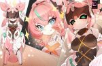  >_< absurdres aojiao_bingmo_tu aria_(human)_(zenless_zone_zero) aria_(robot)_(zenless_zone_zero) aria_(zenless_zone_zero) black_sclera blue_eyes blush bow closed_eyes closed_mouth colored_sclera commentary_request copyright_logo dress dual_persona fingerless_gloves gloves green_bow green_eyes heart highres humanoid_robot joints logo looking_at_viewer multicolored_hair pink_gloves pink_hair robot robot_girl robot_joints spoken_heart streaked_hair tongue tongue_out white_dress wings zenless_zone_zero 
