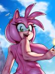  2022 5_fingers absurd_res amy_rose anthro areola blu_rent breasts cloud day eulipotyphlan female fingers green_eyes hedgehog hi_res looking_at_viewer mammal nude open_mouth open_smile sega signature smile solo sonic_the_hedgehog_(series) teeth tongue 