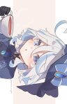  1girl :o absurdres blue_eyes blue_hat blue_jacket blue_streaks blush commentary_request cup drop-shaped_pupils furina_(genshin_impact) genshin_impact hair_intakes hat heterochromia highres holding holding_cup jacket looking_at_viewer multicolored_hair parted_lips short_hair side_ahoge sideways simple_background solo streaked_hair symbol-shaped_pupils teacup top_hat twitter_username white_hair yoshino_mugiko 