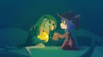  1girl 1other 8osakana_san8 androgynous animal_hat blonde_hair colored_sclera flower grass green_background hair_flower hair_ornament hat leaf_hair_ornament light_bulb maize_(oneshot) niko_(oneshot) oneshot_(game) oversized_sweater purple_hair scarf yellow_sclera 