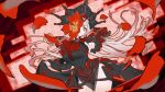  1girl absurdres black_dress black_leotard breasts checkered_background closed_mouth clothes_lift covering_one_eye cowboy_shot crossed_belts crown dress dress_lift duel_monster flower glitch gradient_hair highleg highleg_leotard highres leotard long_hair long_sleeves looking_at_viewer maliss_<q>_red_ransom multicolored_hair petals pink_hair pointing pointing_at_viewer purple_eyes red_background red_flower red_petals sleeve_cuffs smile solo thighs white_hair xunfengbeng yu-gi-oh! 