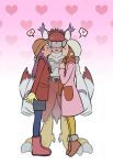  1boy 2girls bird_legs bird_tail blush boots brown_hair chest_guard commentary covered_eyes digimon digimon_(creature) digimon_adventure_02 dress fangs gimjeomja9 gloves gradient_background hat head-mounted_display heart inoue_miyako long_hair multiple_girls oversized_limbs purple_hair round_eyewear scarf shoulder_pads silphymon skirt speech_bubble tail talons untranslatable_commentary winged_arms wings yagami_hikari yellow_gloves 
