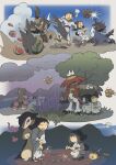  1boy 1girl akari_(pokemon) black_hair chimecho cloud combee commentary_request fireworks flower food fruit full_moon gastrodon gastrodon_(west) highres hisuian_decidueye hisuian_qwilfish hisuian_samurott hisuian_typhlosion holding holding_fireworks japanese_clothes kimono kinni kleavor moon musical_note obi open_mouth pikachu pokemon pokemon_(creature) pokemon_legends:_arceus purple_flower rain red_flower rei_(pokemon) sandals sash senkou_hanabi shellos shellos_(west) smile sparkler suikawari tree watermelon 