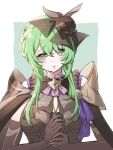  1girl armor ascot black_gloves blush bow breasts commentary_request crossed_bangs dress fascinator fire_emblem fire_emblem:_fortune's_weave gloves green_eyes green_hair hair_between_eyes hat hat_bow highres looking_at_viewer medium_breasts mini_hat minto71311 ninae_(fire_emblem) parted_lips purple_ascot short_hair_with_long_locks shoulder_armor simple_background solo upper_body 