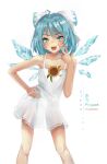  1girl :d absurdres ahoge alternate_costume bare_shoulders blue_eyes blue_hair blush bow character_name cirno collarbone copyright_name detached_wings dress fang feet_out_of_frame flower hair_bow hand_on_hip highres ice ice_wings leaning_forward looking_at_viewer open_mouth see-through shiny shiny_hair simple_background skin_fang smile solo sundress sunflower touhou v white_background white_bow white_dress wings wwparasi yellow_flower 
