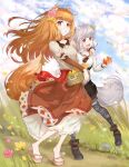  2girls animal_ear_fluff animal_ears apple barefoot basket bitten_apple black_shoes bread brown_eyes brown_hair cheese cloud cloudy_sky collarbone collared_shirt falling_petals floating_hair flower food food_bite fruit grey_hair hair_flower hair_ornament hand_up highres holding holding_basket holding_food holding_fruit holo linked_sausages long_hair long_skirt long_sleeves md5_mismatch mother_and_child mother_and_daughter multiple_girls myuri_(spice_and_wolf) neck_pouch open_mouth outdoors parent_and_child petals picnic_basket pouch red_eyes sandals shirt shoes silver_(user_jwcp7352) skirt sky spice_and_wolf tail teeth upper_teeth_only wind wolf_ears wolf_girl wolf_tail 