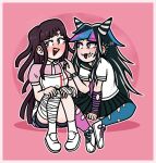  2girls :p alt_text apron asymmetrical_legwear bandaged_arm bandaged_hand bandaged_leg bandages black_hair black_nails black_sailor_collar black_skirt blue_hair blue_streaks blue_thighhighs blush border closed_mouth collared_shirt commentary danganronpa_(series) danganronpa_2:_goodbye_despair ear_piercing elbow_gloves english_commentary eyelashes face_piercing fingerless_gloves fingernails gloves hair_horns hands_on_own_knees highres justrandomgrill long_hair mioda_ibuki mismatched_legwear mismatched_shoelaces mismatched_thighhighs mouth_piercing multicolored_hair multiple_girls nail_polish neckerchief open_mouth outline pantyhose piercing pink_background pink_eyes pink_hair pink_neckerchief pink_shirt pink_streaks pink_thighhighs purple_eyes purple_hair sailor_collar school_uniform serafuku shirt shoelaces shoes short_sleeves simple_background single_elbow_glove single_fingerless_glove sitting skirt smile socks streaked_hair striped_clothes striped_gloves teeth thighhighs tongue tongue_out tongue_piercing torn_clothes torn_thighhighs tsumiki_mikan upper_teeth_only white_apron white_border white_hair white_outline white_shirt white_shoes white_socks yuri 