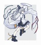  1girl black_hat black_shoes black_skirt chinese_commentary closed_mouth commentary_request from_side full_body grey_background grey_eyes grey_hair hat highres holding holding_plate japanese_clothes kariginu long_hair mononobe_no_futo plate pom_pom_(clothes) ponytail shoes simple_background skirt smile solo tate_eboshi touhou y_h 
