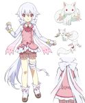  1boy anime_screenshot_inset ascot bow bow_legwear bracelet brooch brown_shorts collared_shirt curled_fingers dot_nose double-parted_bangs frilled_shorts frilled_sleeves frills full_body hair_between_eyes hair_bow hand_up highres jewelry kyubey leg_ribbon long_hair long_sleeves looking_at_viewer mahou_shoujo_madoka_magica mahou_shoujo_madoka_magica_(anime) male_focus natsupochipon personification pink_ascot pink_eyes pink_vest ribbon screenshot_inset shirt shorts simple_background smile socks standing straight-on thigh_ribbon very_long_hair vest white_background white_hair white_shirt white_socks 