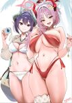  2girls artist_name bag bikini bikini_top_pull black_hair black_horns blue_archive breasts brown_eyes brown_shrug camera chiaki_(blue_archive) chiaki_(swimsuit)_(blue_archive) closed_mouth clothes_pull coin coin_on_string commentary_request cowboy_shot curved_horns demon_girl demon_horns digital_camera earrings fangs fishnet_shrug flower groin hair_bun hair_flower hair_ornament halo highres holding holding_camera holding_pendulum holed_coin hoop_earrings horns huge_breasts jewelry large_breasts long_hair looking_at_viewer mole mole_on_breast multiple_girls navel nylon_(nylon_100) o-ring o-ring_top official_alternate_costume official_alternate_hairstyle open_mouth palm_tree pendulum pink_hair pointy_ears purple_eyes red_bikini red_halo red_horns satsuki_(blue_archive) satsuki_(swimsuit)_(blue_archive) shoulder_bag shrug_(clothing) smile standing stomach swimsuit thigh_strap tree white_background white_bikini yellow_flower 