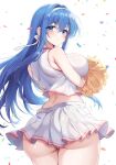  1girl alternate_costume ass awayuki_ramika blue_eyes blue_hair breasts caeda_(fire_emblem) cheerleader closed_mouth commentary_request crop_top fire_emblem fire_emblem:_mystery_of_the_emblem from_behind hair_between_eyes hair_intakes highres large_breasts light_smile long_hair looking_at_viewer looking_back miniskirt panties pantyshot pleated_skirt pom_pom_(clothes) shirt simple_background skirt solo underwear very_long_hair white_background white_panties white_shirt white_skirt wind 