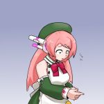  1girl apron beret confused detached_sleeves dress finger_gun green_dress hat lowres momone_momo pink_hair robot_ears saruyama_ushirou utau white_apron 