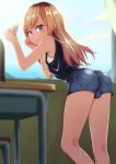  1boy ass black_shirt blonde_hair blue_eyes blue_shorts classroom denim denim_shorts desk highres holding_paper_airplane long_hair male_focus original otoko_no_ko paper_airplane school_desk shirt short_shorts shorts sleeveless sleeveless_shirt smile solo user_fjjw5427 