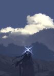  1girl absurdres baseball_cap black_hair blue_archive blue_halo cloud commentary crop_top from_behind glowing glowing_halo halo hat highres jacket kani_etizen03 long_hair mountain off_shoulder road saori_(blue_archive) sky solo untranslatable_commentary white_jacket wide_shot 