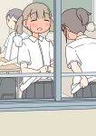  1boy 2girls black_skirt blush brown_hair chair closed_eyes closed_mouth clothes_lift collared_shirt commentary_request day desk dress_shirt from_outside full-face_blush grey_pants juukyuu lifting_own_clothes multiple_girls on_chair open_mouth original pants pleated_skirt ponytail school_chair school_desk school_uniform shirt shirt_lift sitting skirt small_sweatdrop solid_circle_eyes sweat twintails white_shirt window 