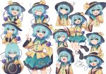  1girl :d :q :t ;q ? absurdres black_hat blush bow bread buttons closed_eyes closed_mouth collared_shirt commentary_request diamond_button disembodied_linked_eye double_v drooling eating eyeball facing_viewer food frilled_shirt_collar frilled_sleeves frills green_eyes green_hair green_skirt hat hat_bow high_meron highres holding holding_food holding_unworn_clothes holding_unworn_hat komeiji_koishi long_sleeves looking_at_viewer melon_bread missing_headwear mouth_drool multiple_expressions multiple_views one_eye_closed open_mouth pout shirt signature simple_background skirt smile tongue tongue_out touhou touhou_22nd_popularity_poll unworn_hat unworn_headwear v white_background wide_sleeves yellow_bow yellow_shirt 