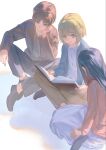  1girl 2boys armin_arlert black_hair black_pants blonde_hair blue_cardigan book brown_hair brown_jacket brown_pantyhose cardigan commentary dress eren_yeager grey_shirt head_on_hand highres holding holding_book indian_style jacket kneeling long_dress long_hair mikasa_ackerman multiple_boys pants pantyhose parted_bangs pink_cardigan reading red_scarf scarf shingeki_no_kyojin shirt short_hair sitting white_background white_dress white_shirt yokozuwari yun_(dl2n5c7kbh8ihcx) 