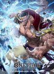  1boy abs bandana black_bandana coat coat_on_shoulders commentary_request copyright_name dai-xt devil_fruit_power edward_newgate facial_hair highres looking_at_viewer male_focus mustache official_art one_piece one_piece_card_game pants sash scar scar_on_chest smile solo veins wind 