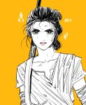  1girl character_name collarbone commentary_request dirty dirty_face flat_chest greyscale_with_colored_background hair_bun korean_commentary orange_hair parted_lips pink_lips pinkteest rey_(star_wars) serious solo spot_color staff star_wars star_wars:_the_force_awakens upper_body 