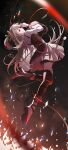  1girl absurdres belt boots brown_hair commentary compass falling_feathers feathers floating floating_hair full_body hand_up highres itsuka_chie long_hair long_sleeves looking_at_viewer morimori_(14292311) one_side_up original parted_lips red_eyes solo soul_gem_(madoka_magica) 