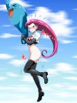  1girl absurdres ass black_boots black_gloves black_shirt blue_eyes blush boots bottomless breasts closed_mouth cloud commentary commission cropped_jacket day doriane_dojin earrings elbow_gloves embarrassed flying_sweatdrops from_side gloves highres holding holding_pokemon jacket jessie_(pokemon) jewelry logo long_hair navel outdoors pixiv_commission pokemon pokemon_(anime) pokemon_(creature) shirt sky team_rocket thigh_boots white_jacket wobbuffet 