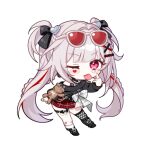  1girl :p ;p bandaid bandaid_on_leg black_bow bow butterfly_in_eye chibi commentary eyewear_on_head facial_mark grey_hair hair_bow heart heart_facial_mark honkai:_star_rail honkai_(series) long_hair long_sleeves miko_(royal_milk) multicolored_hair one_eye_closed red_skirt red_streaks single_fishnet_legwear skirt solo sparkle_(honkai:_star_rail) sparxie_(candy-coated_waves)_(honkai:_star_rail) sparxie_(honkai:_star_rail) streaked_hair sunglasses tongue tongue_out two_side_up white_background 