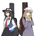  2girls asymmetrical_sidelocks black_hat black_skirt blonde_hair bow brown_eyes collared_dress collared_shirt commentary_request contrast_collar cowboy_shot doll dress frown guitar_case hair_bow hat hat_bow highres holding holding_doll holding_notebook instrument_case kashiwada_kiiho long_hair long_sleeves looking_at_viewer maribel_hearn medium_hair mob_cap multiple_girls neck_ribbon necktie notebook purple_dress red_necktie red_ribbon ribbon shirt sidelocks simple_background skirt smile touhou usami_renko white_background white_bow white_shirt yellow_eyes 