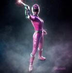  1girl bodysuit boots commentary dekapink english_commentary firing gloves gun helmet holding holding_gun holding_weapon holster numbered orange_bodysuit pink_boots pink_helmet police_badge power_rangers power_rangers_s.p.d. s.p.d._pink_ranger super_sentai tokujay tokusatsu tokusou_sentai_dekaranger twitter_username watermark weapon white_gloves 